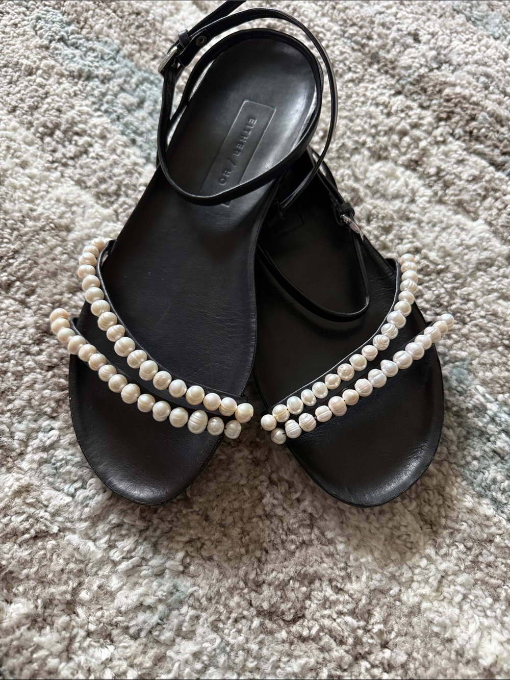 Pearl-Embellished Black Ankle-Strap Sandals